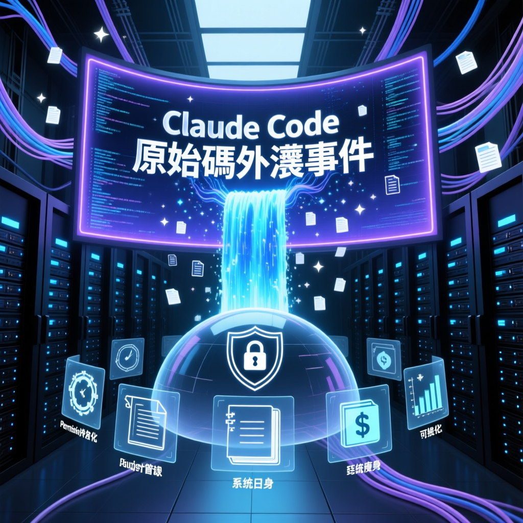 Claude Code 原始碼外洩 AI 科技風格插圖